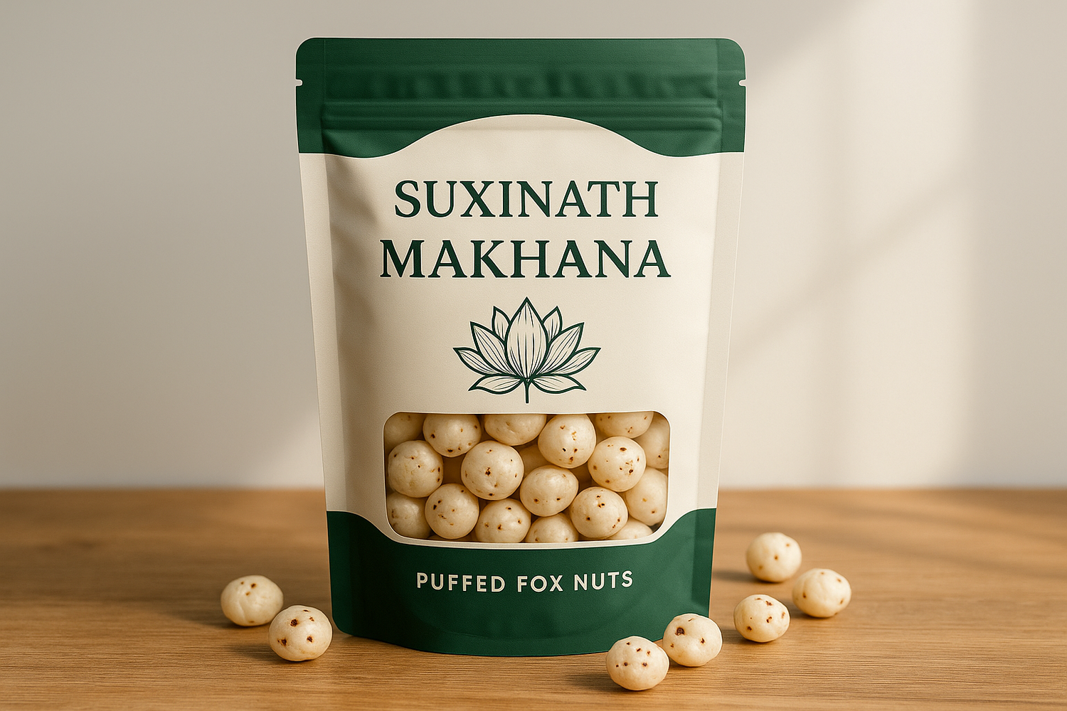 A photo-realistic image of a premium snack pouch with the brand name "Suxinath Makhana" printed on it. The pouch is standing upright on a wooden surface. Its design is white and green with a lotus flower illustration and a transparent window showing puffed fox nuts (makhana). Some snacks are scattered around. The background is clean and minimal with natural daylight. Perfect for a healthy Indian snack brand.